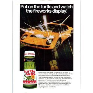 1973 Turtle Wax Vintage Print Ad Yellow Exotic Sports Car Sparkle 70s Wall Art